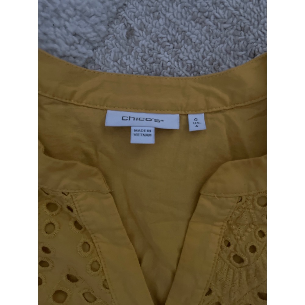Chico's Mustard Yellow Eyelet Tiered Dress V-Neck 3/4 Sleeve Pockets Size 0 S - Picture 3 of 6